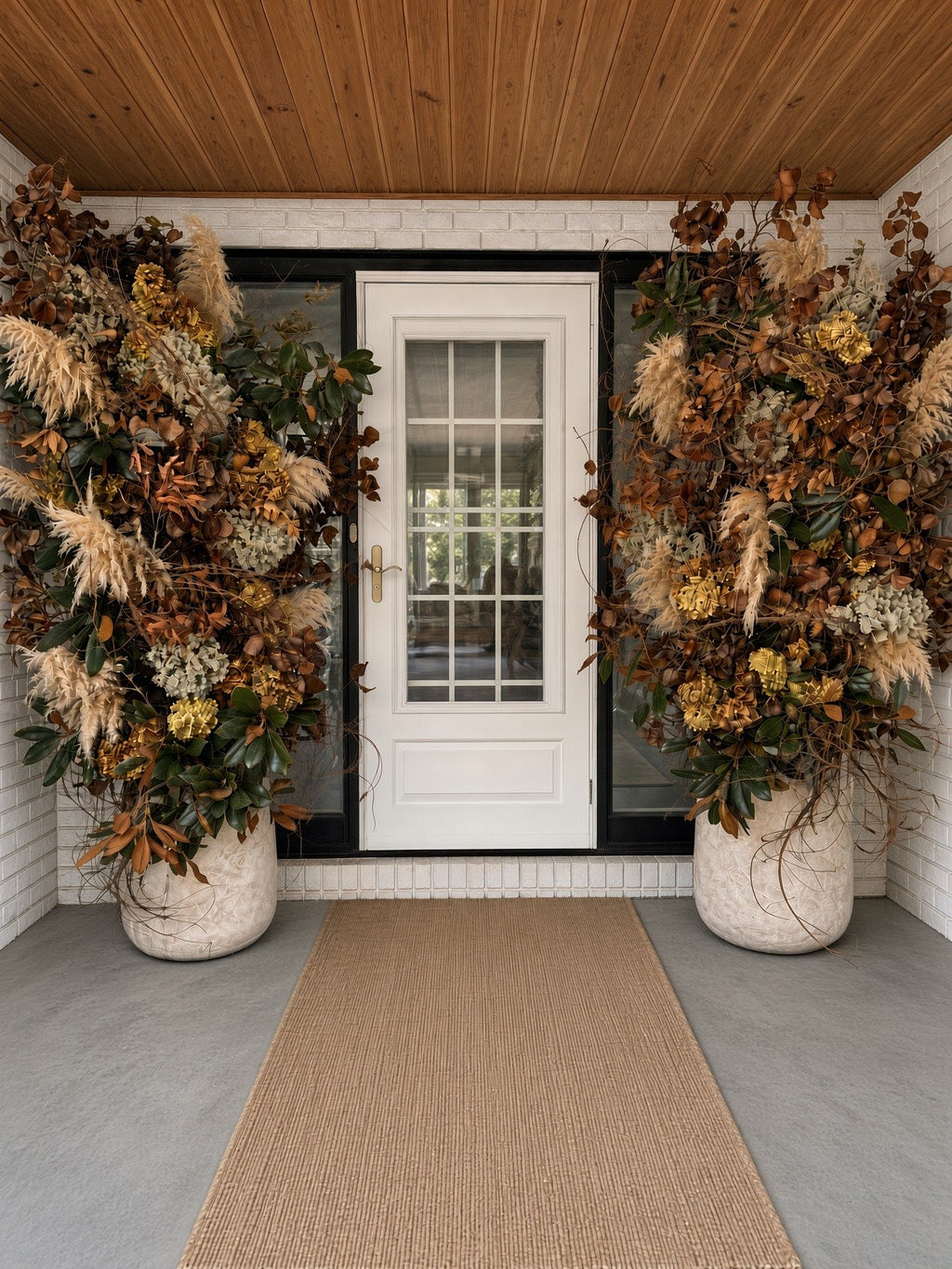 Elegant Entryway: tall dried arrangements in stone planters framing a white front door