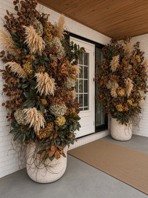 Elegant Entryway up close: pampas, hydrangea, and magnolia rising from a stone planter
