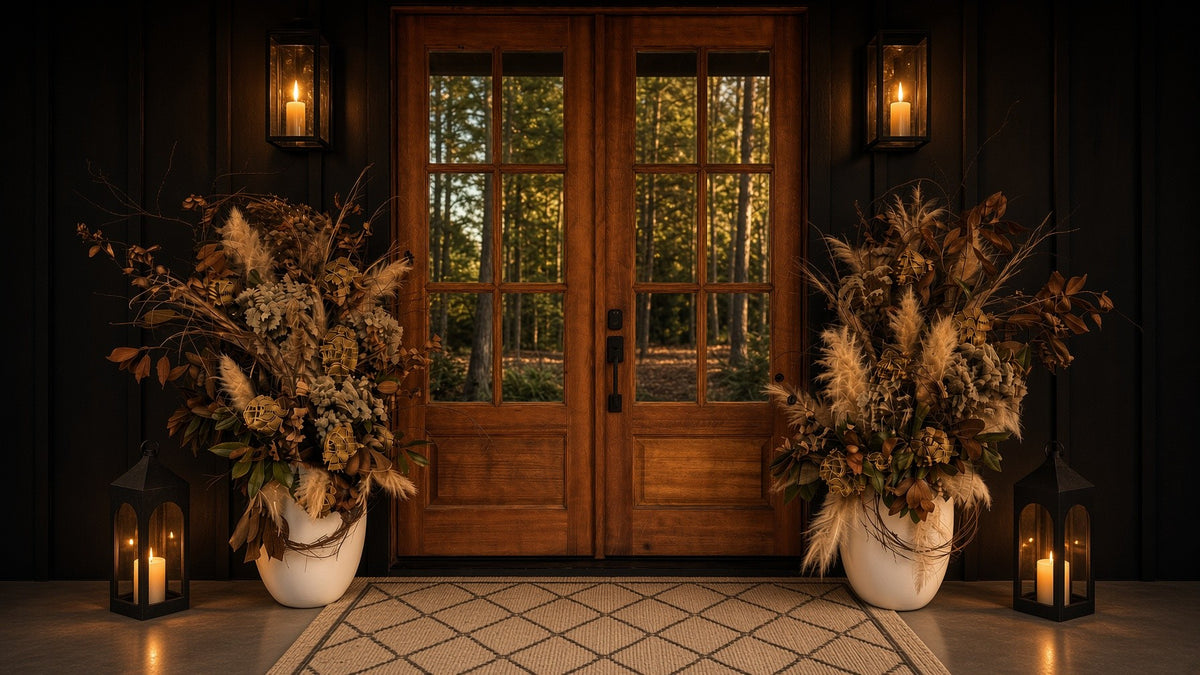 Wood double doors at dusk framed by two tall autumn planters and glowing candle lanterns