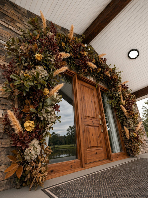 Welcome Home Arch - FULL seen from the side over a wood front door